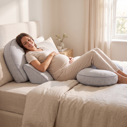 Little Teekie Adjustable Wedge Pregnancy Pillow | 3-Piece Set, Supportive Fill – Linen Look – in use, shows scale