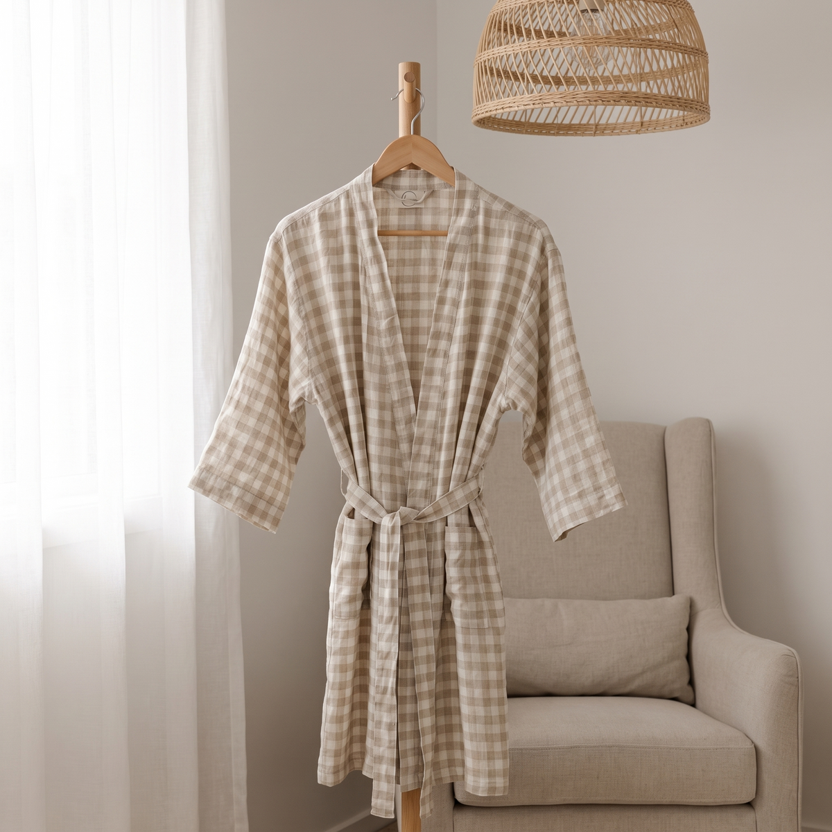 Little Teekie Linen Robe | 100% French Linen Maternity & Hospital Robe – Oat Gingham – lifestyle hero