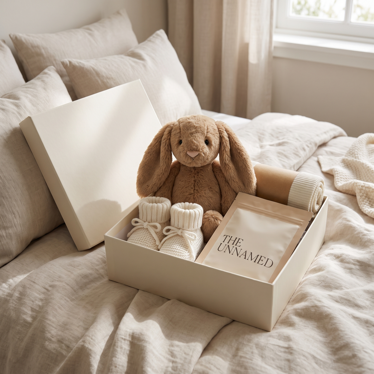 Little Teekie Mum & Bub Gift Box | Bamboo Swaddle, Bunny, Booties & Face Mask for Mum – Oat – lifestyle hero