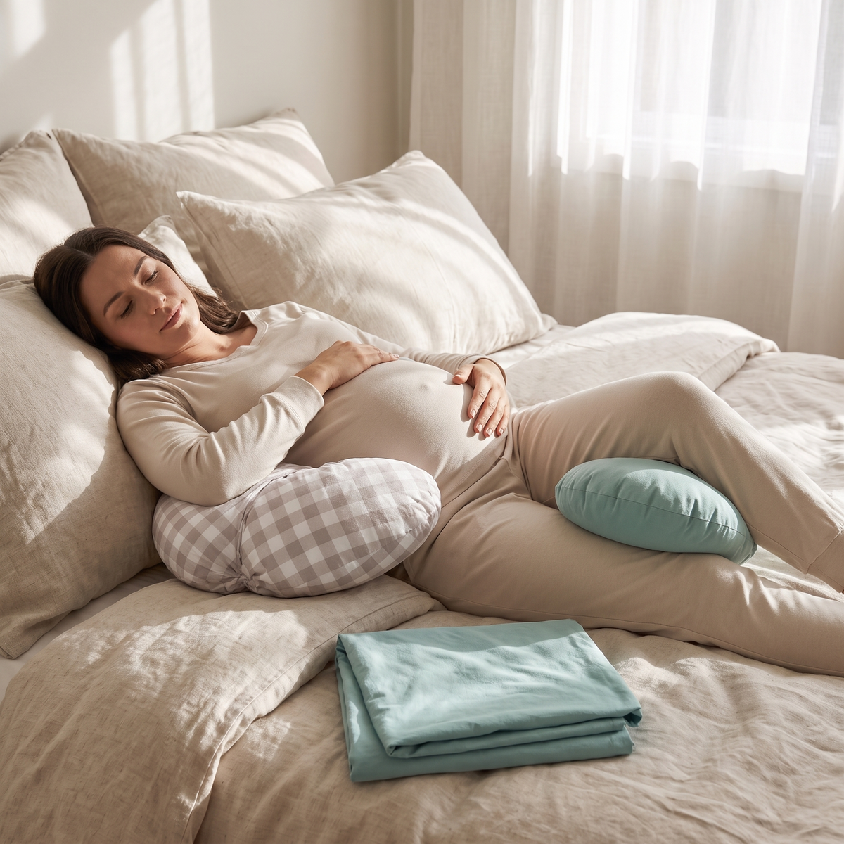 Little Teekie Pregnancy Pillow Set | Pregnancy Pillow, Knee Cushion & Splashproof Nursing Cover – Oat – in use, shows scale