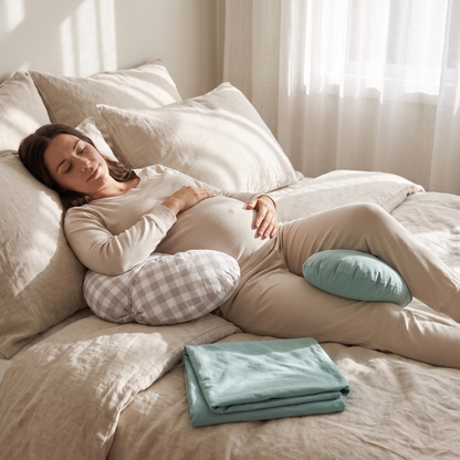 Little Teekie Pregnancy Pillow Set | Pregnancy Pillow, Knee Cushion & Splashproof Nursing Cover – Oat – in use, shows scale