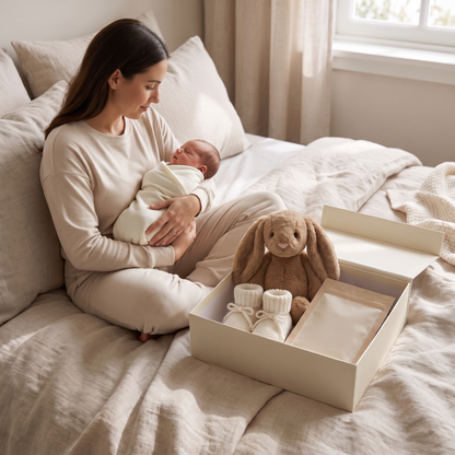 Little Teekie Mum & Bub Gift Box | Bamboo Swaddle, Bunny, Booties & Face Mask for Mum – Oat – in use, shows scale