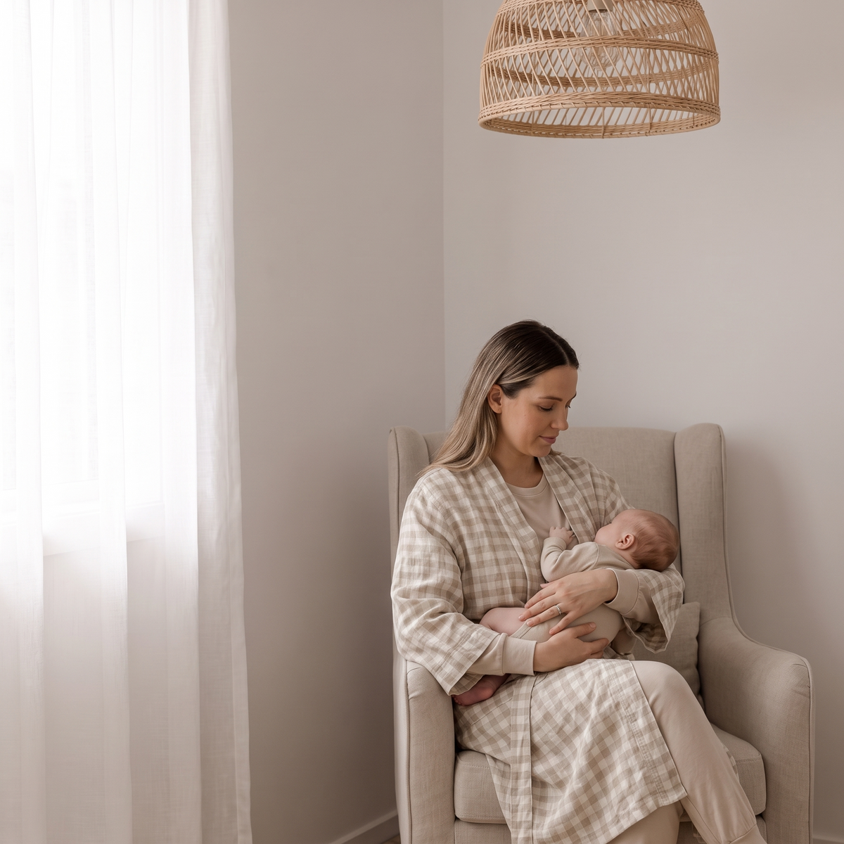 Little Teekie Linen Robe | 100% French Linen Maternity & Hospital Robe – Oat Gingham – in use, shows scale