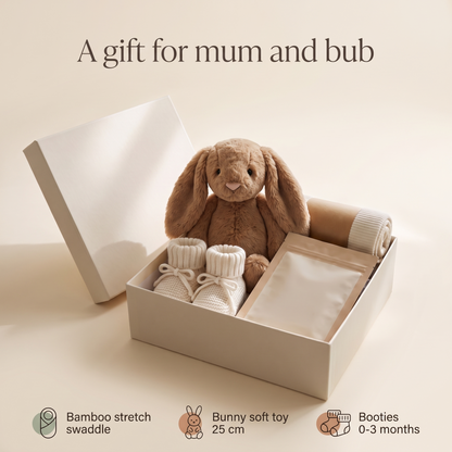 Little Teekie Mum & Bub Gift Box | Bamboo Swaddle, Bunny, Booties & Face Mask for Mum – Oat – key features
