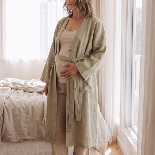 Little Teekie Linen Robe | 100% French Linen Maternity & Hospital Robe – Soft Sage – in use, shows scale