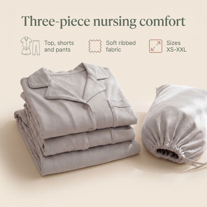 Little Teekie Maternity & Nursing Pyjama Set | 3-Piece Ribbed Top, Shorts & Pants – Sage – key features