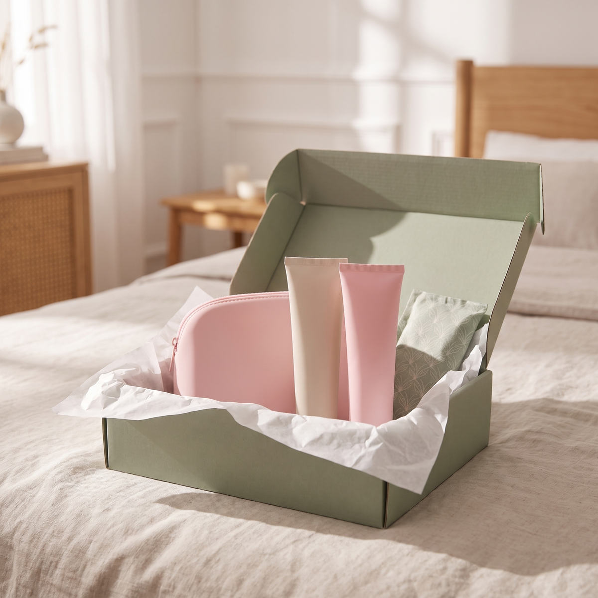 Little Teekie New Mum Indulgence Gift Box | Body Care Set & Heat Pack – Sage – styled in a bedroom