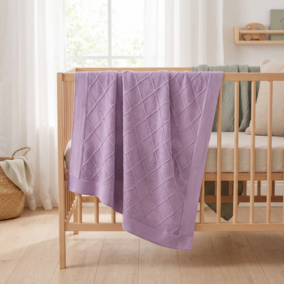 Little Teekie Personalised Diamond Knit Baby Blanket | Embroidered Name, Pure Cotton – Lilac – lifestyle