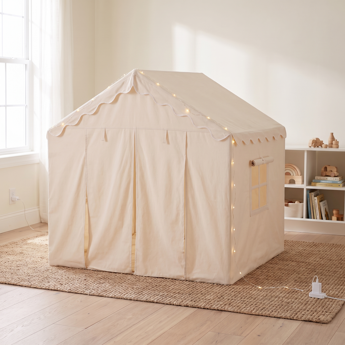 Little Teekie Large Kids Play Tent with Star Lights | 146 x 91 x 132 cm, USB Lights – Soft Neutral – lifestyle