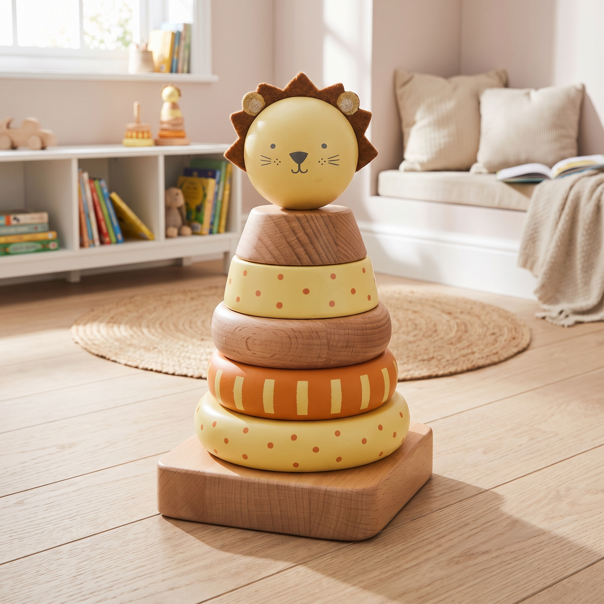 Little Teekie Personalised Wooden Lion Stacker | Engraved Name, 18.5cm Tall – Yellow – lifestyle