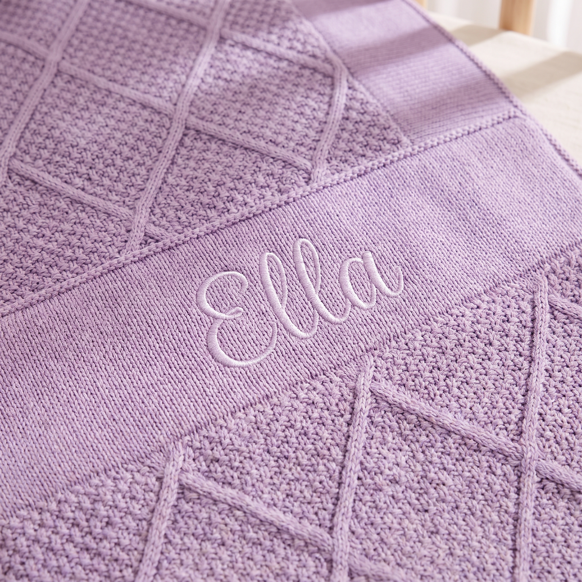 Little Teekie Personalised Diamond Knit Baby Blanket | Embroidered Name, Pure Cotton – Lilac – personalisation detail