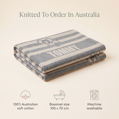Little Teekie Personalised Koala Knit Baby Blanket | Name Knitted In, 100 x 70cm – Koala Stripe – key features