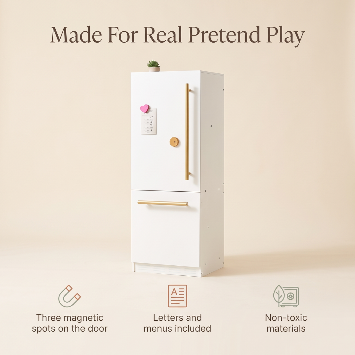 Little Teekie Wooden Play Fridge | Magnetic Door, Letters and Menus Included – key features