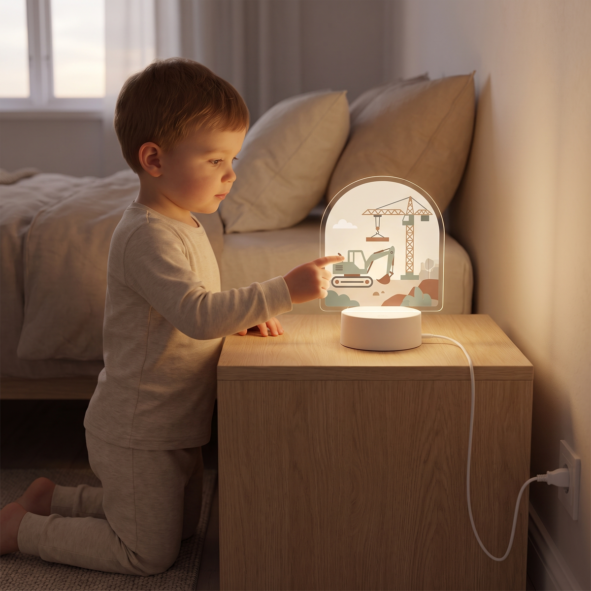 Little Teekie Plug-In LED Night Light | Construction Design, 13 Colours, USB – Colour Changing – in use, shows scale