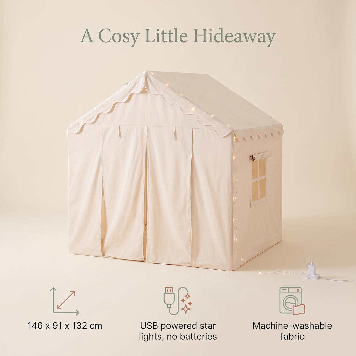 Little Teekie Large Kids Play Tent with Star Lights | 146 x 91 x 132 cm, USB Lights – Soft Neutral – key features