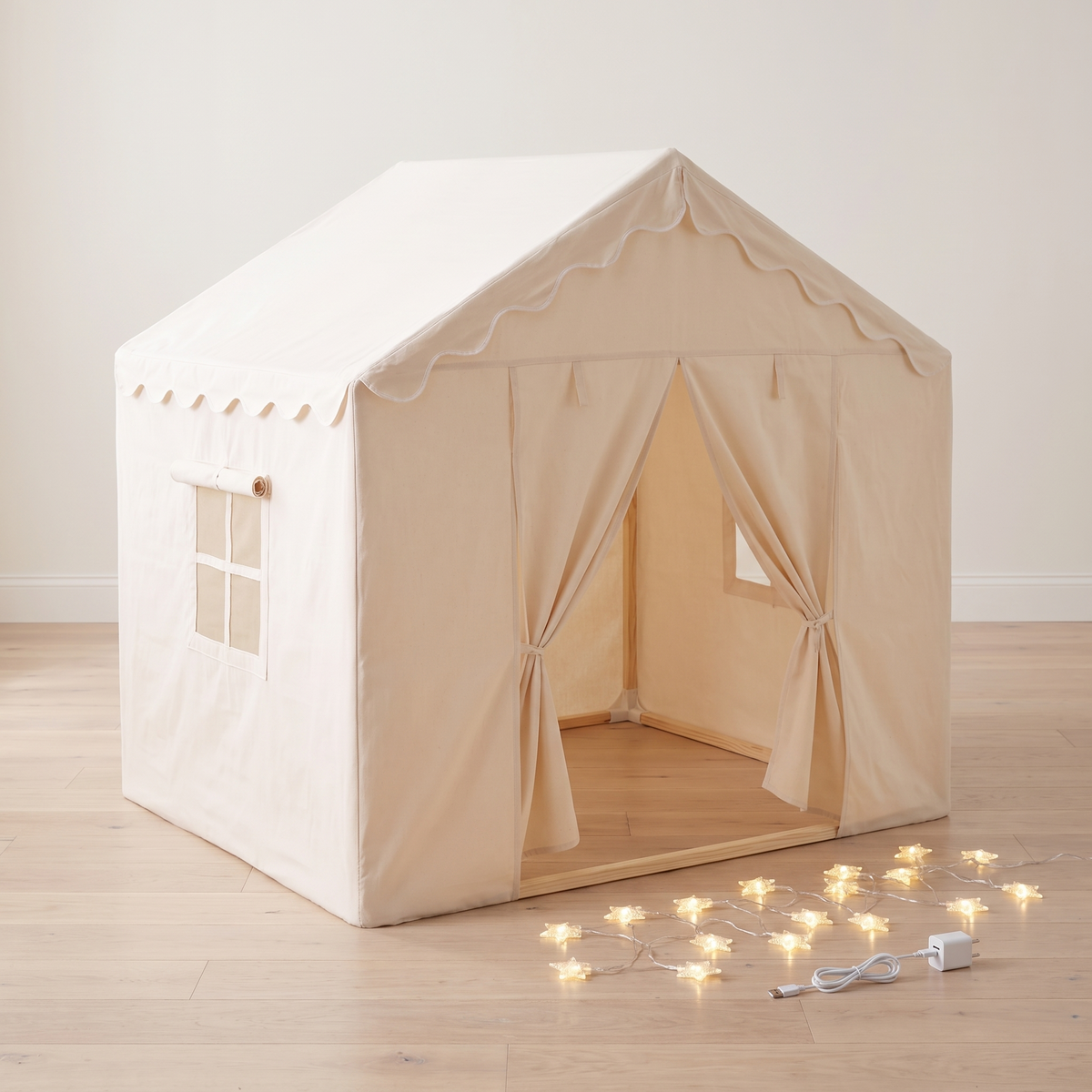 Little Teekie Large Kids Play Tent with Star Lights | 146 x 91 x 132 cm, USB Lights – Soft Neutral – what's included
