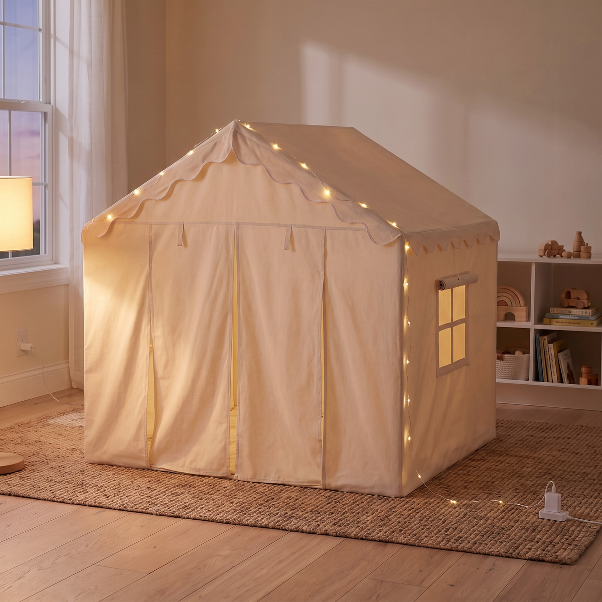 Little Teekie Large Kids Play Tent with Star Lights | 146 x 91 x 132 cm, USB Lights – Soft Neutral – styled in the home