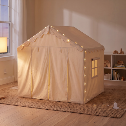 Little Teekie Large Kids Play Tent with Star Lights | 146 x 91 x 132 cm, USB Lights – Soft Neutral – styled in the home