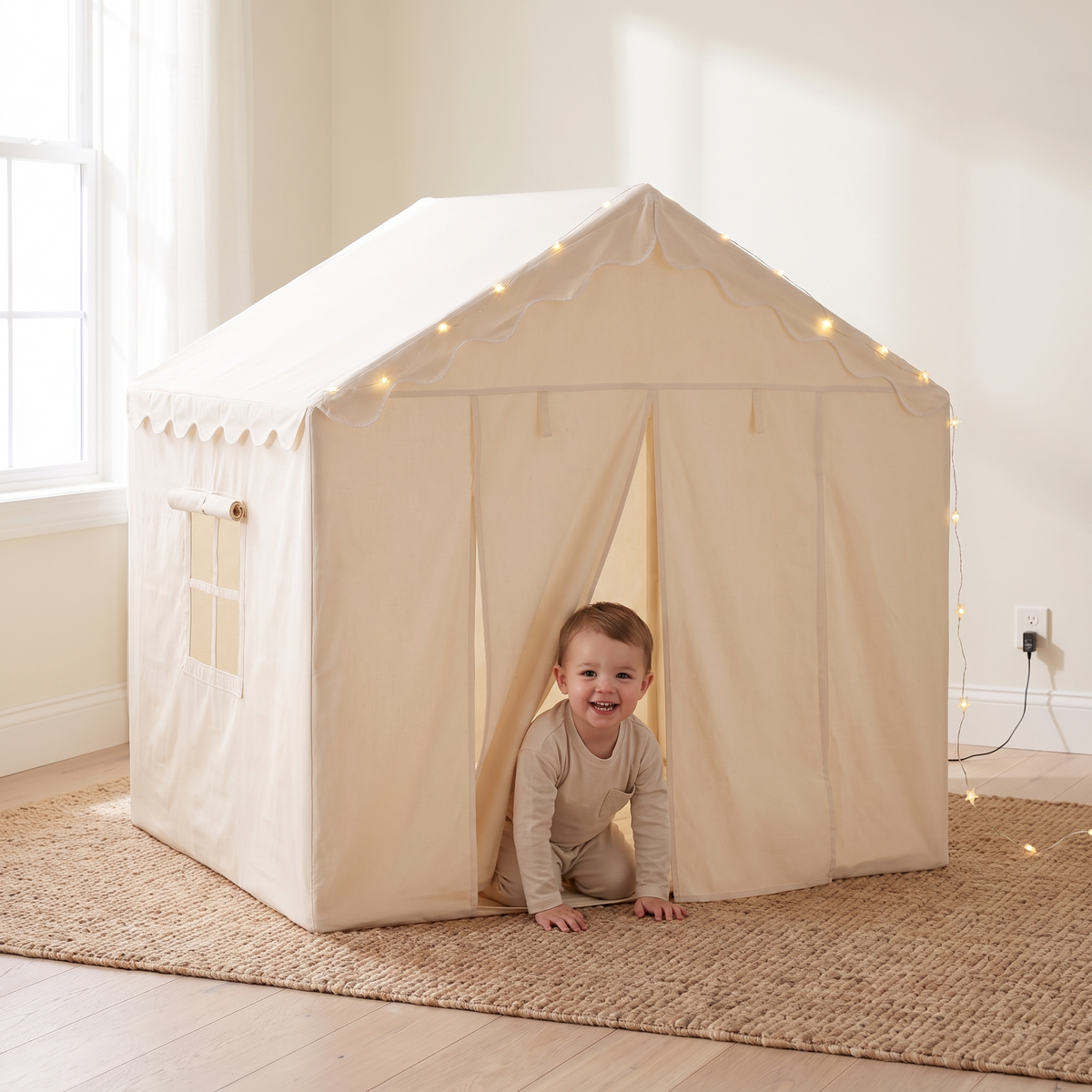 Little Teekie Large Kids Play Tent with Star Lights | 146 x 91 x 132 cm, USB Lights – Soft Neutral – in use, shows scale