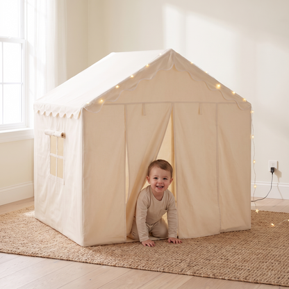 Little Teekie Large Kids Play Tent with Star Lights | 146 x 91 x 132 cm, USB Lights – Soft Neutral – in use, shows scale
