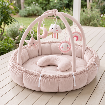 Little Teekie 5-in-1 Plush Baby Play Gym & Activity Mat | 5 Hanging Toys, Tummy Time Pillow – Pink – lifestyle