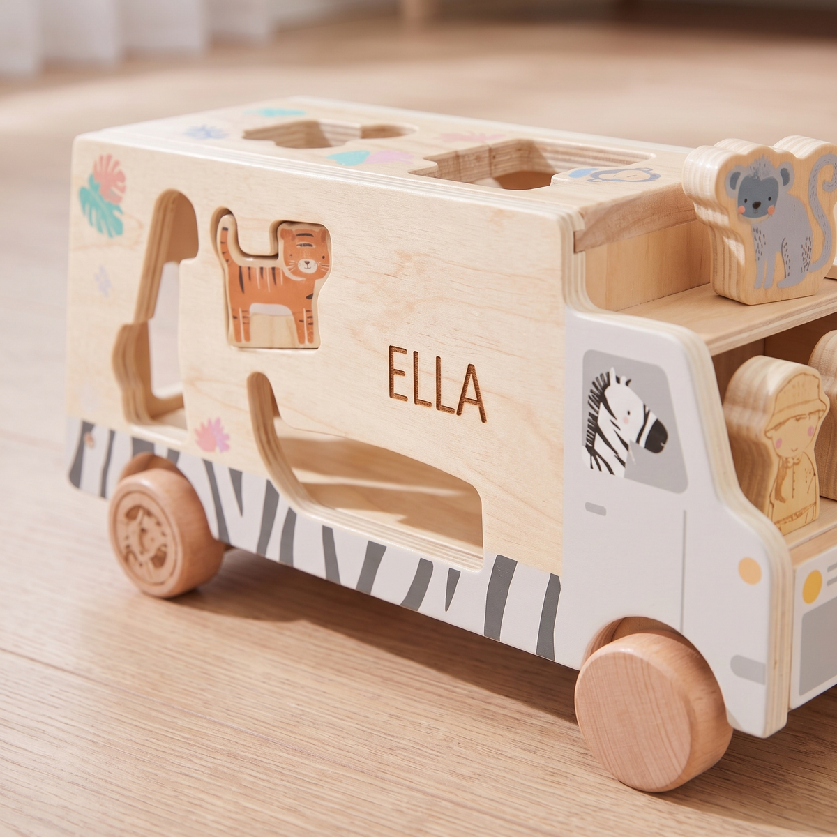 Little Teekie Personalised Wooden Shape Sorter & Board Book Set | Engraved Name, 18cm – personalisation detail