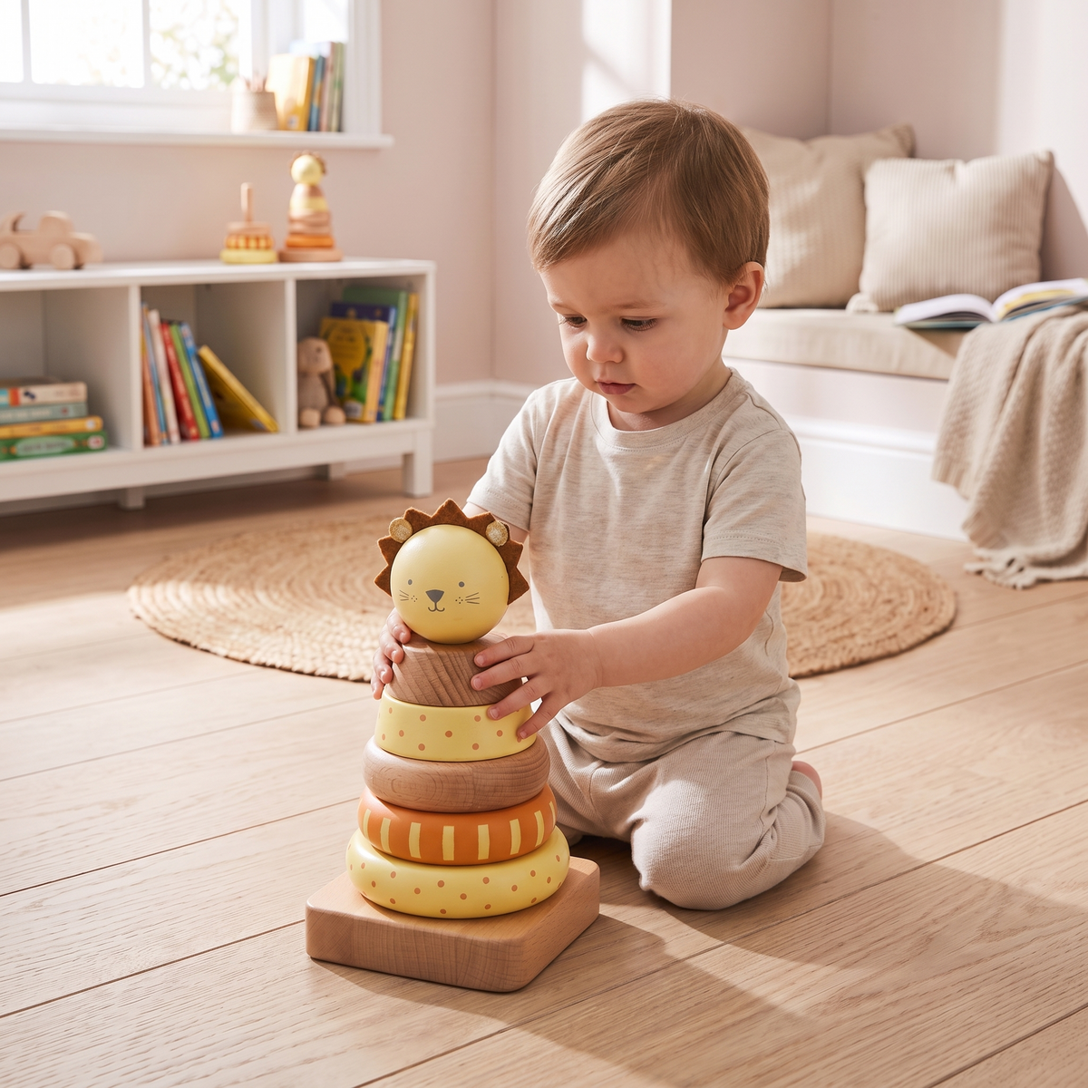Little Teekie Personalised Wooden Lion Stacker | Engraved Name, 18.5cm Tall – Yellow – in use, shows scale