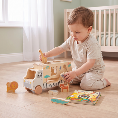 Little Teekie Personalised Wooden Shape Sorter & Board Book Set | Engraved Name, 18cm – in use, shows scale