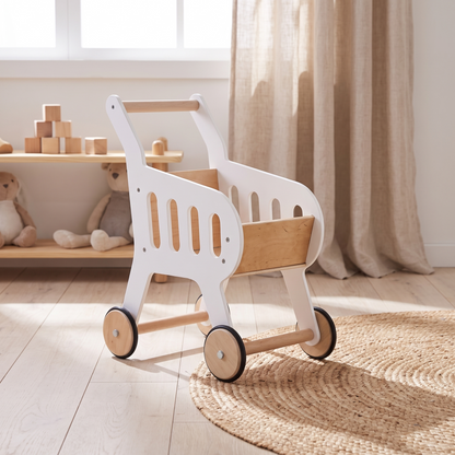 Little Teekie Wooden Shopping Trolley | 54cm Tall, Birch Ply Frame – White – lifestyle