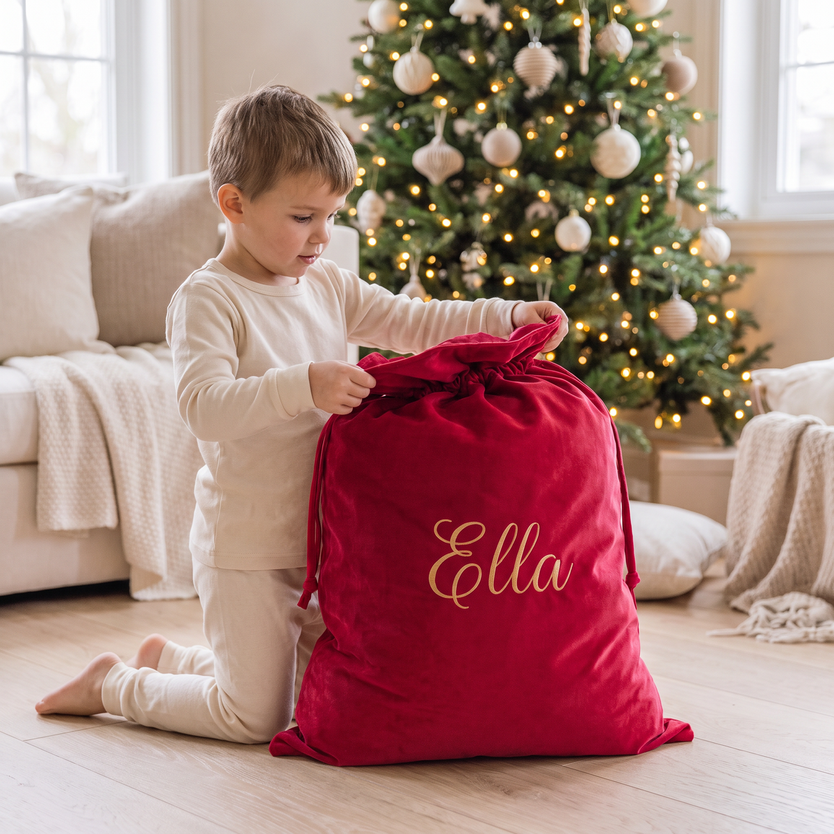 Little Teekie Personalised Velvet Santa Sack | Embroidered Name, 50x70cm – Red – in use, shows scale