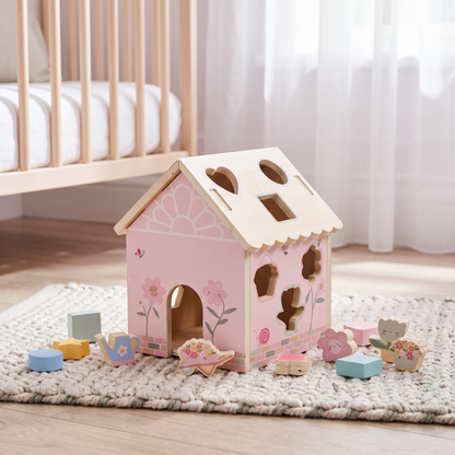 Little Teekie Personalised Wooden Greenhouse Shape Sorter | Printed Name, 21.7cm – Pastel Pink – lifestyle
