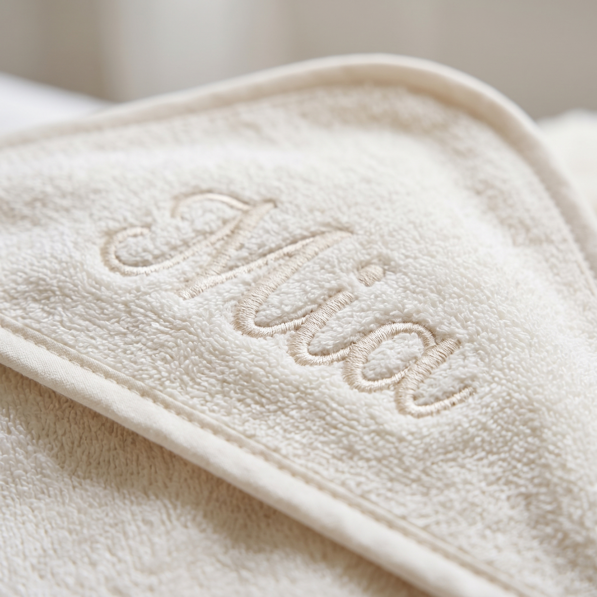 Little Teekie Personalised Small Hooded Towel | Embroidered Name, 100% Cotton – Ivory – personalisation detail