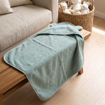Little Teekie Personalised Hooded Towel | Embroidered Name, Organic Cotton 75 x 75cm – Sea Green – lifestyle