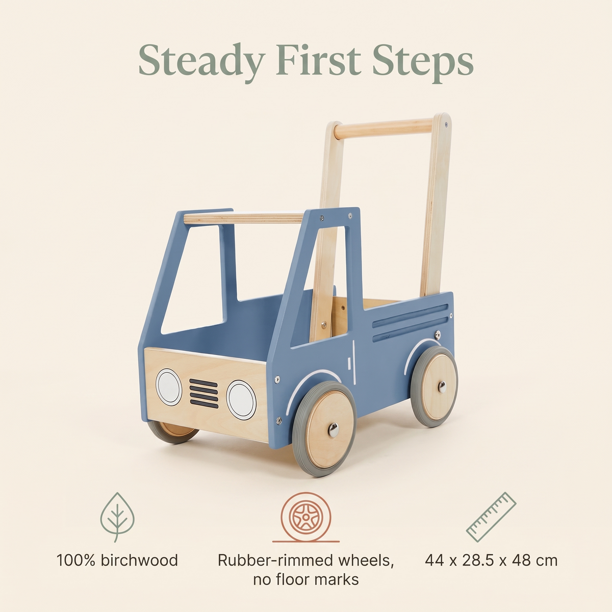 Little Teekie Wooden Push Truck Walker | 100% Birchwood, Storage Box – Steel Blue – key features