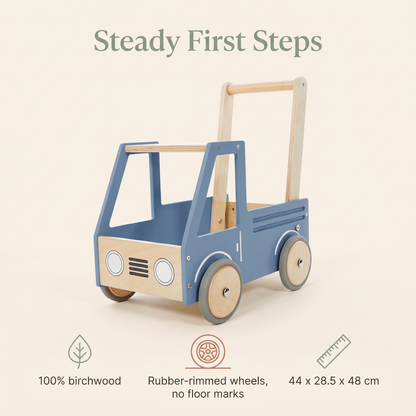 Little Teekie Wooden Push Truck Walker | 100% Birchwood, Storage Box – Steel Blue – key features