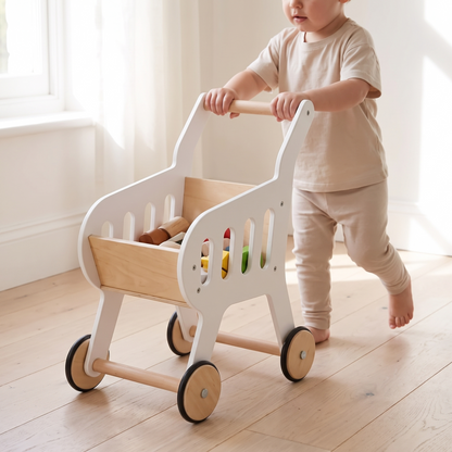 Little Teekie Wooden Shopping Trolley | 54cm Tall, Birch Ply Frame – White – in use, shows scale
