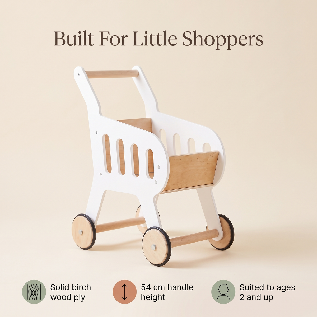 Little Teekie Wooden Shopping Trolley | 54cm Tall, Birch Ply Frame – White – key features