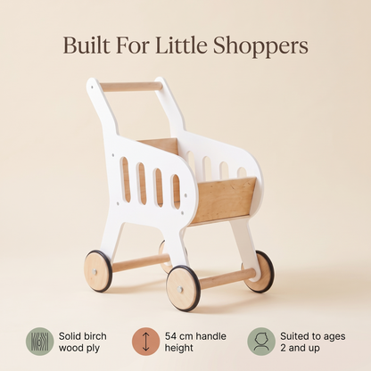 Little Teekie Wooden Shopping Trolley | 54cm Tall, Birch Ply Frame – White – key features