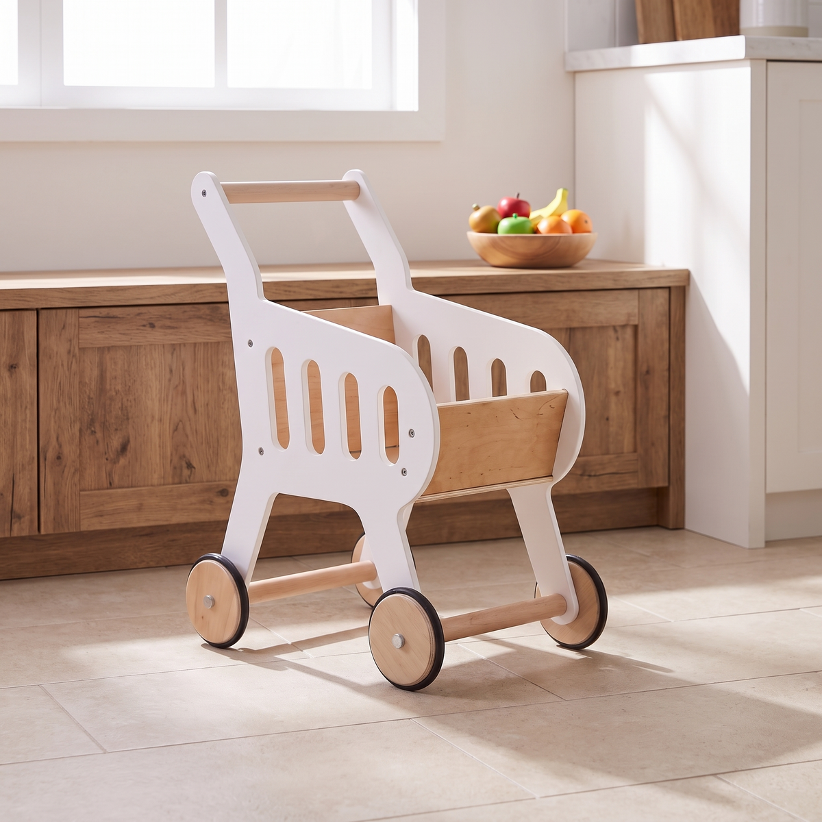 Little Teekie Wooden Shopping Trolley | 54cm Tall, Birch Ply Frame – White – styled in the home