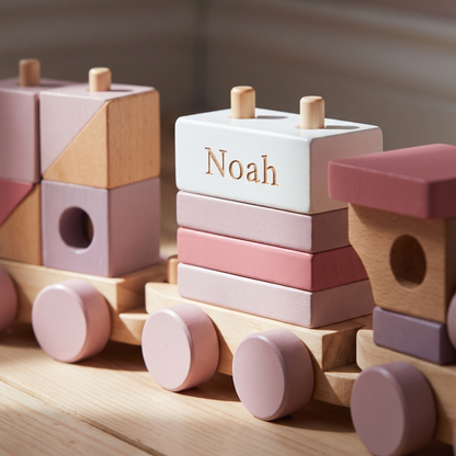 Little Teekie Personalised Wooden Pull Along Train | Stacking Blocks, Detachable Carriages – Pink – personalisation detail