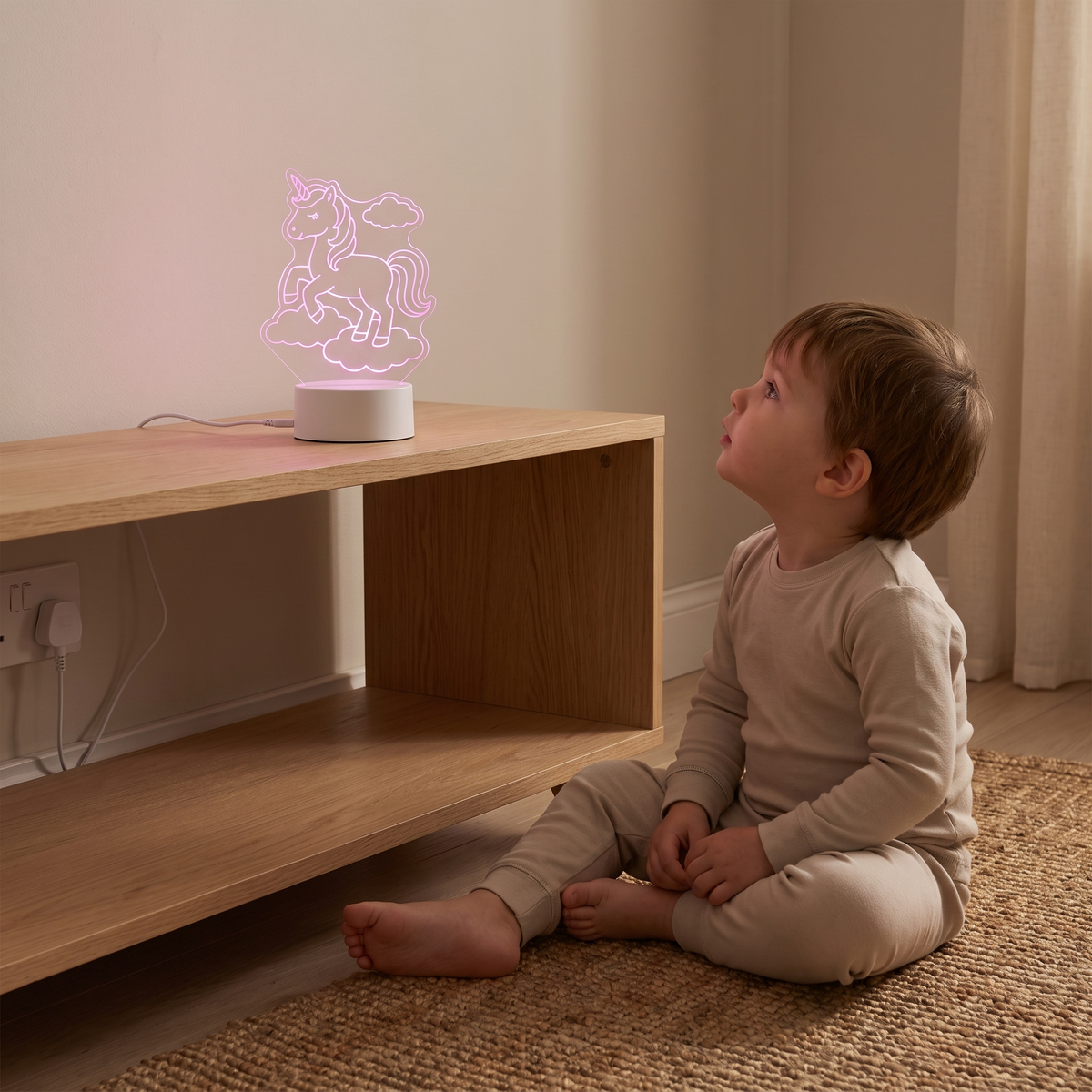 Little Teekie Plug-In LED Night Light | Unicorn Design, 13 Colours, USB – Colour Changing – in use, shows scale