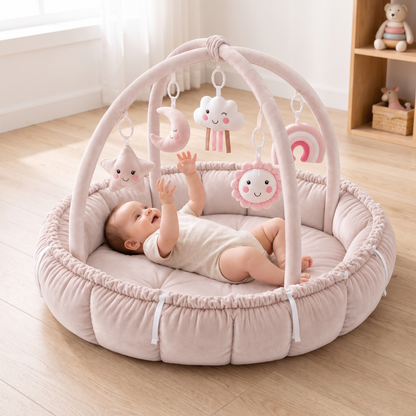 Little Teekie 5-in-1 Plush Baby Play Gym & Activity Mat | 5 Hanging Toys, Tummy Time Pillow – Pink – in use, shows scale