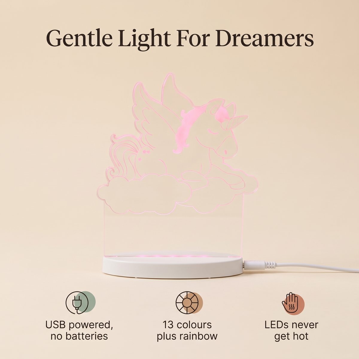 Little Teekie Plug-In LED Night Light | Unicorn Design, 13 Colours, USB – Colour Changing – key features