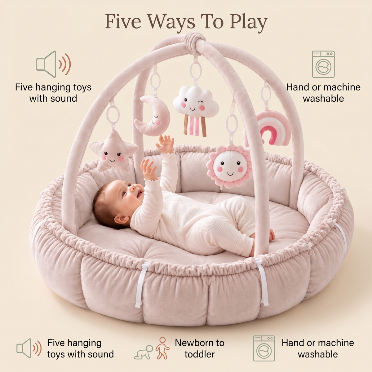 Little Teekie 5-in-1 Plush Baby Play Gym & Activity Mat | 5 Hanging Toys, Tummy Time Pillow – Pink – key features