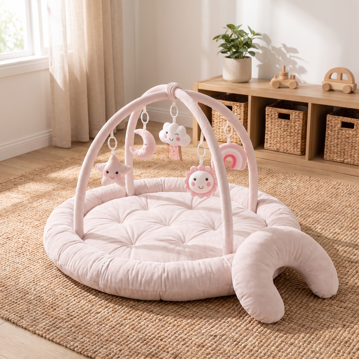 Little Teekie 5-in-1 Plush Baby Play Gym & Activity Mat | 5 Hanging Toys, Tummy Time Pillow – Pink – styled in the home