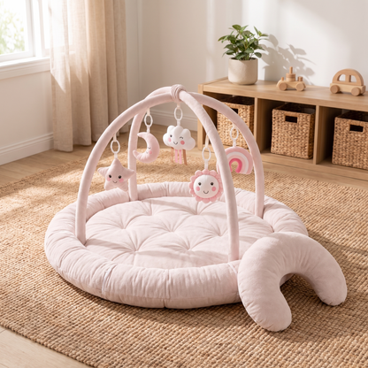 Little Teekie 5-in-1 Plush Baby Play Gym & Activity Mat | 5 Hanging Toys, Tummy Time Pillow – Pink – styled in the home