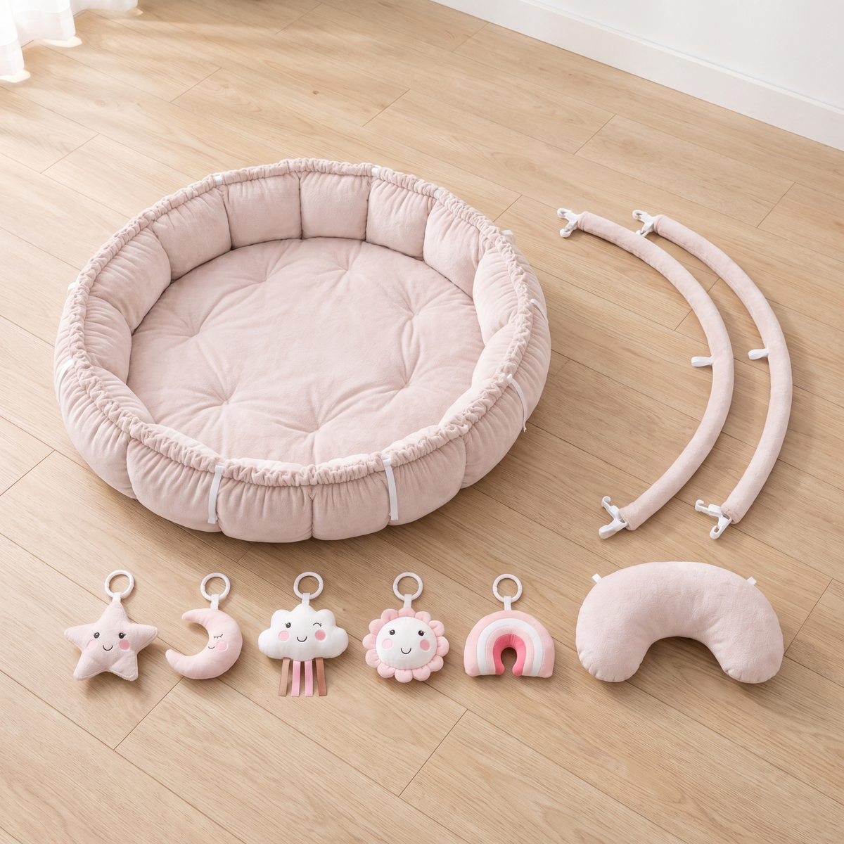 Little Teekie 5-in-1 Plush Baby Play Gym & Activity Mat | 5 Hanging Toys, Tummy Time Pillow – Pink – what's included