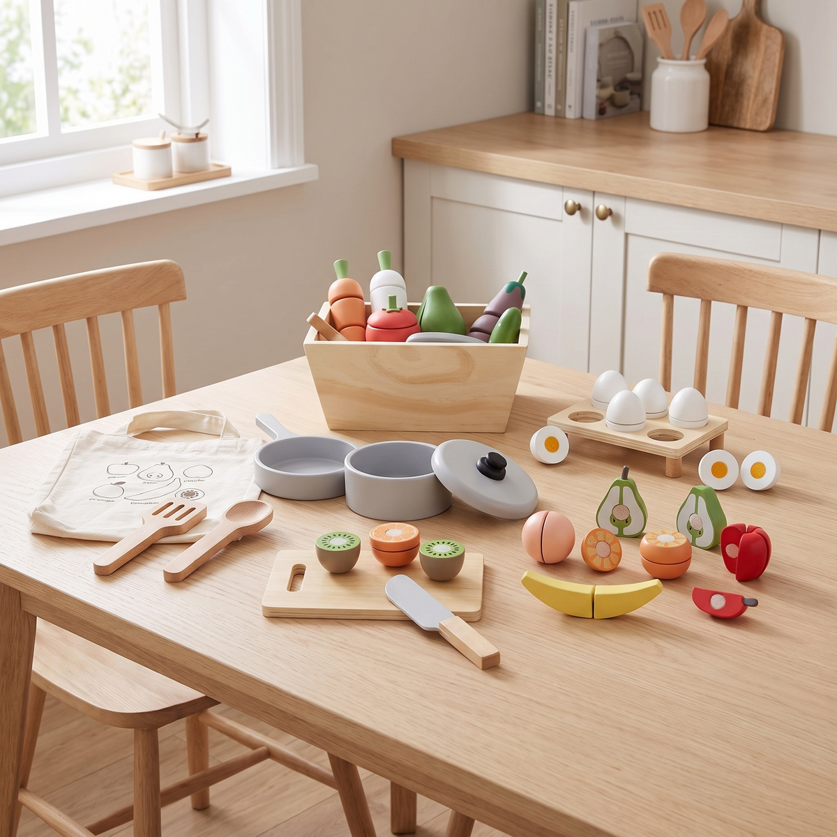 Little Teekie Wooden Play Food Value Pack | 4 Sets, Crate, Pot and Pan – Multicolour – lifestyle
