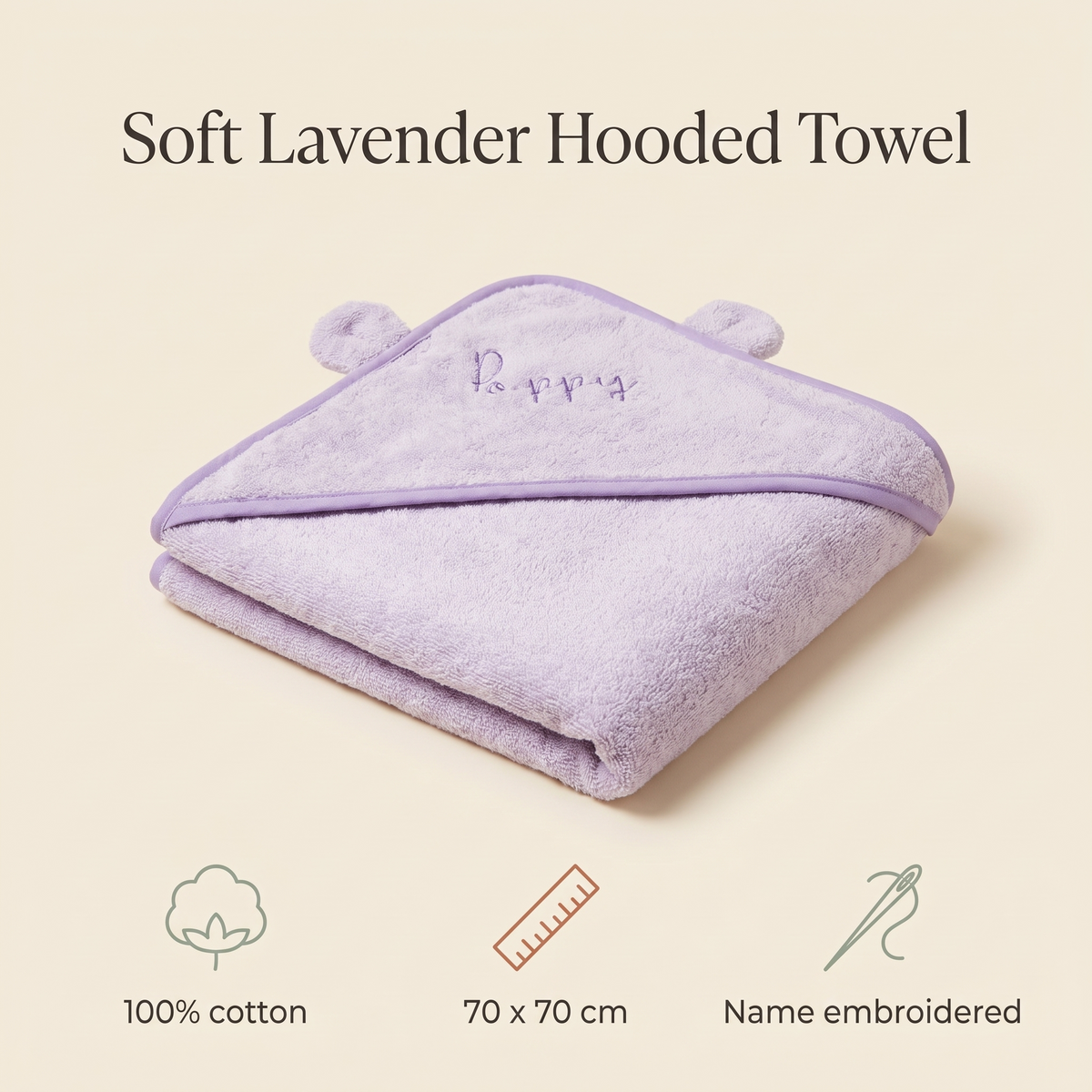 Little Teekie Personalised Small Hooded Towel | Embroidered Name, 70 x 70cm – Lush Lavender – key features