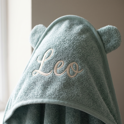 Little Teekie Personalised Hooded Towel | Embroidered Name, Organic Cotton 75 x 75cm – Sea Green – personalisation detail